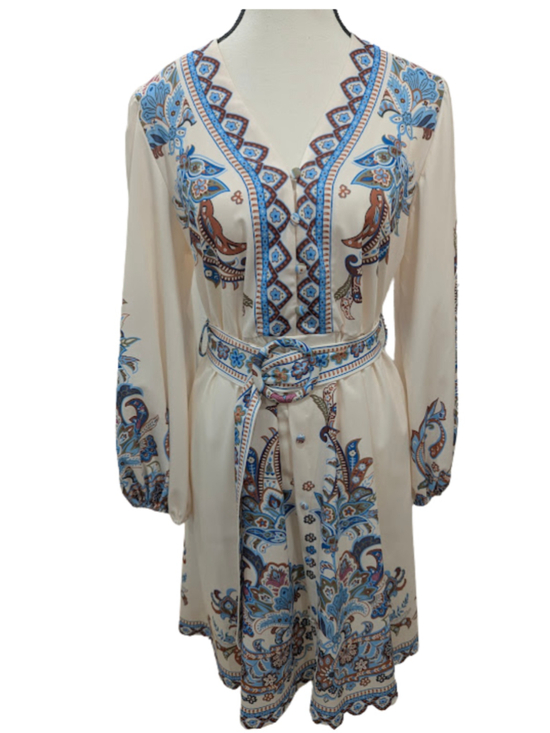 Unbranded Dresses & Skirts - Paisley Belted Fit & Flare Dress Blue Ivory Boho Long Sleeve Size M